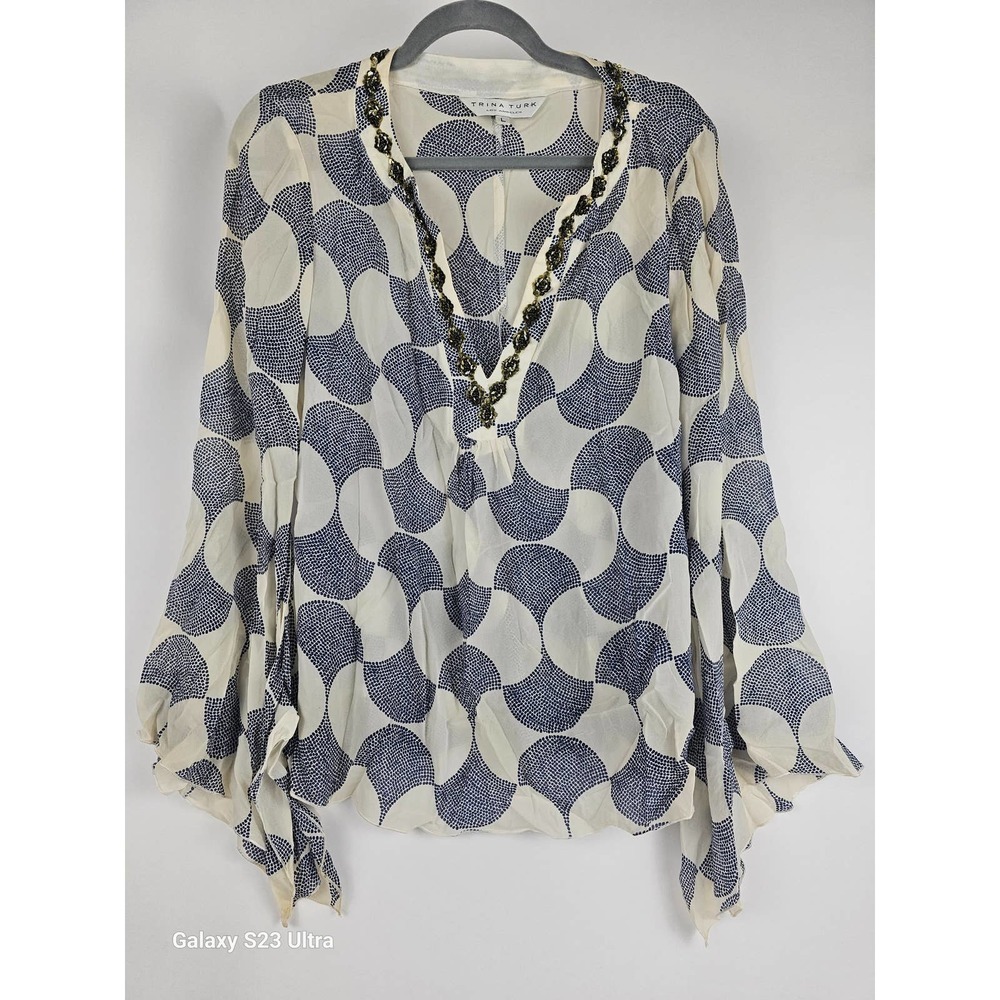 Trina Turk blouse blue and cream with green beading - size L